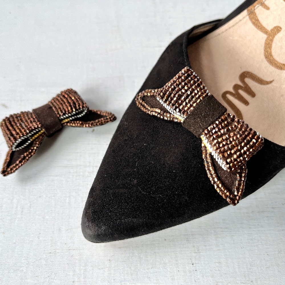 1940's Suede Beaded Copper Shoe Clips Vintage Feminine Sweater Bow Pin Barrette